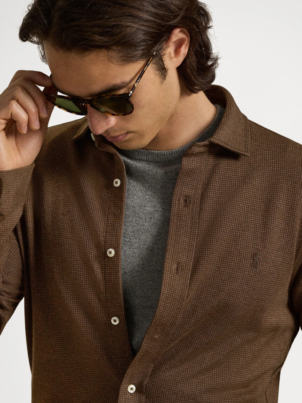 RALPH LAUREN Houndstooth Jersey Spread-Collar Shirt Nutmeg Brown