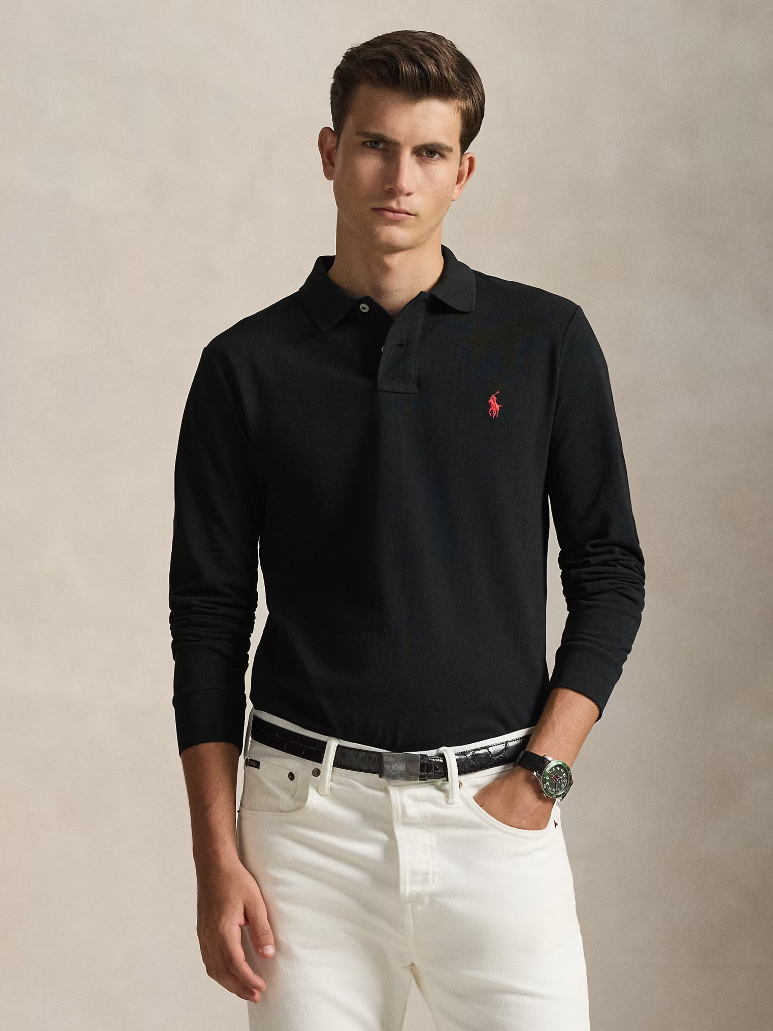 RALPH LAUREN Slim Fit Mesh Long-Sleeve Polo Black