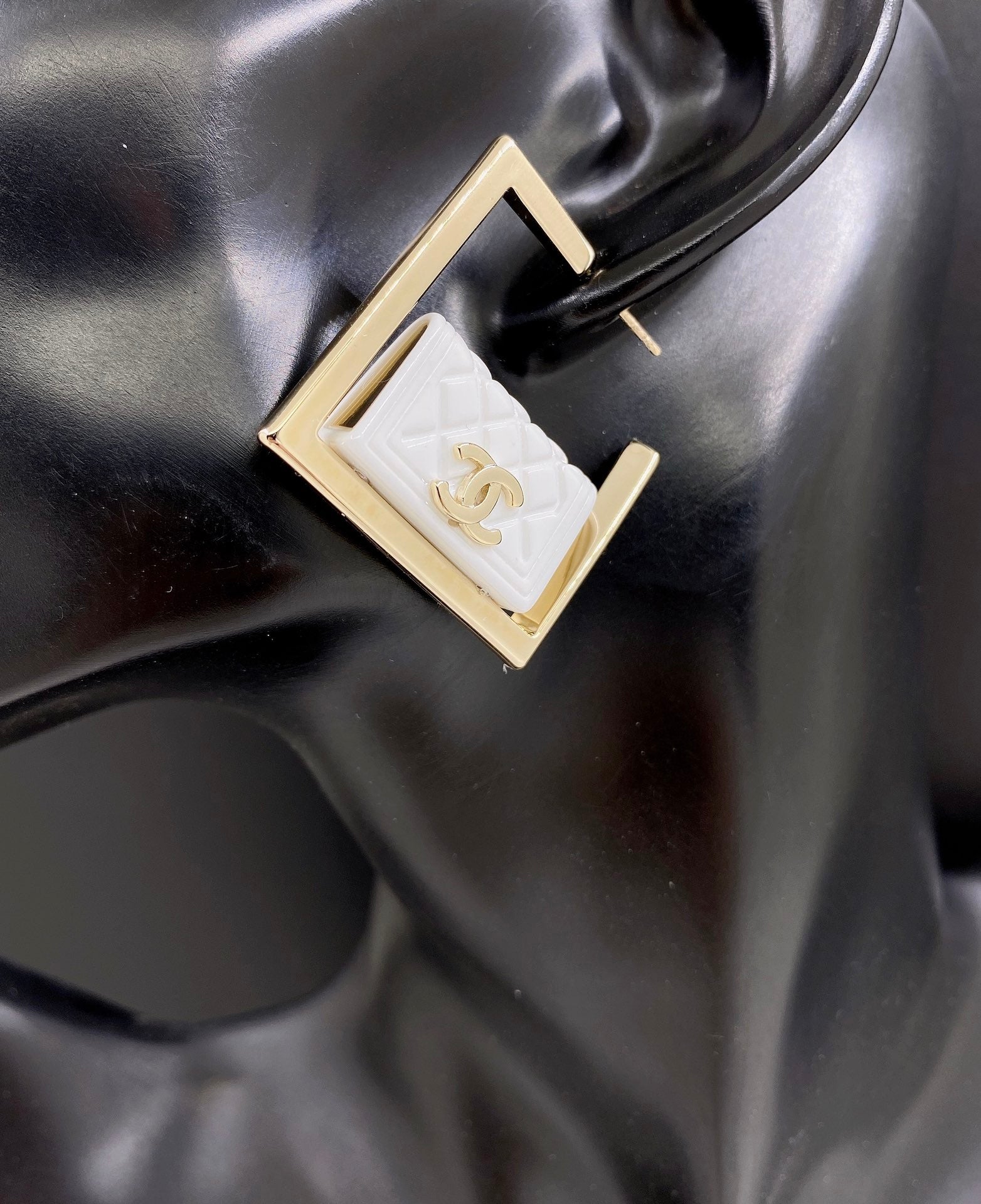18K  Chanel White Bag Pendant Earrings